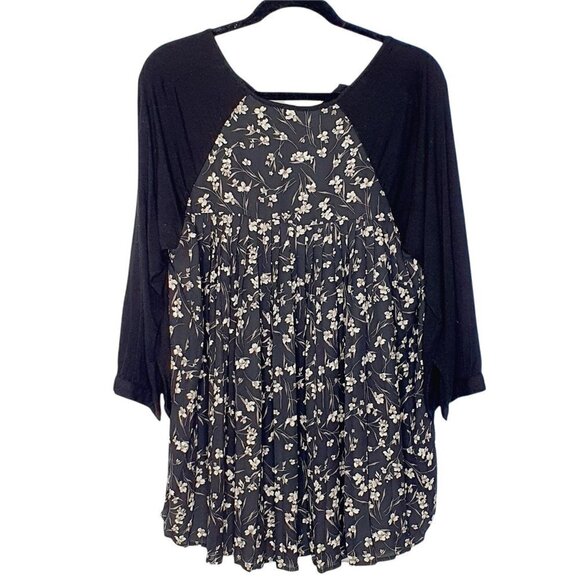 Daniel Rainn V Neck Black Floral Stretch Pleated Back 3/4 Sleeve Blouse L - Picture 2 of 9